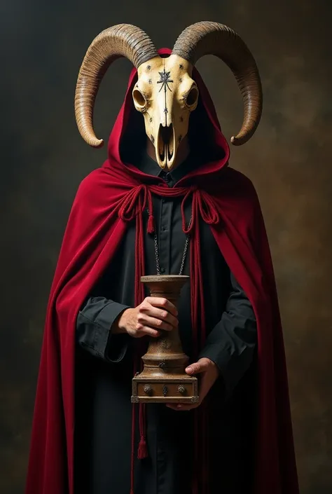 An image depicting a cultist from a secret cult wearing a dark red cloak with some ties ,  with a goat skull head with some symbols represented on it and holding an old lamp made of wood with some medieval details.