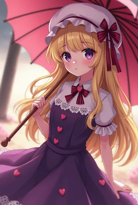 purple eyes and long blonde hair. She carries a pink lace parasol and a paper fan and rides on a red gap that leads to an unknown destination. She wears a deep purple dress, a pale pink mob cap with a thin red ribbon and smaller ribbons tied liberally on h...