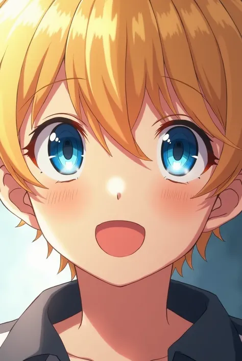 A mesmerizing close up portrait of a handsome blond boy from an anime, happy 