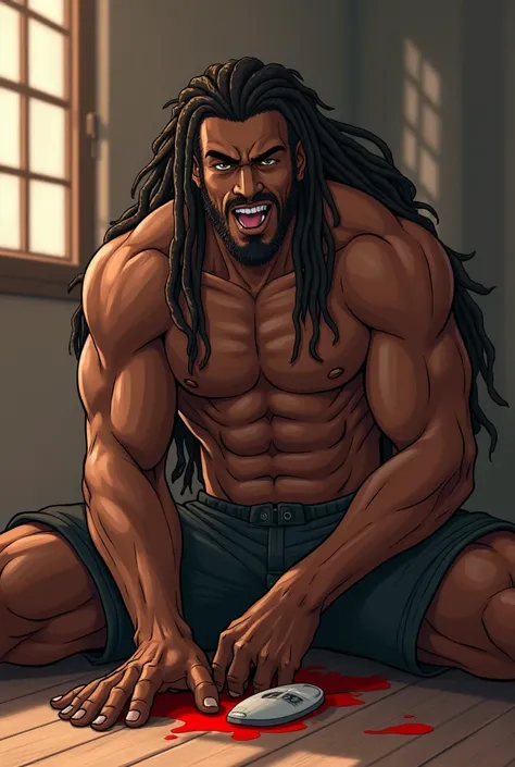 One male, dark-skinned, shirtless, muscular, long dreadlocks, hentai, anime, long penis, huge cock, Rias Gremory, on the floor, sticking tongue out, lewd face, cock worship