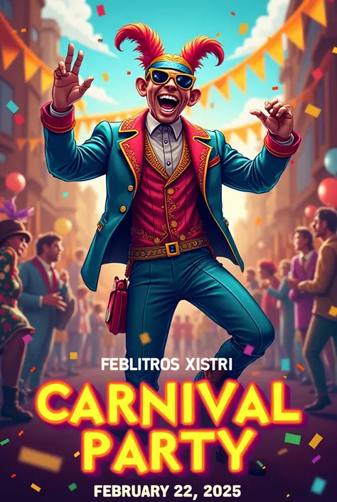 Poster for carnival party on February 22, 2025.  Let : Jorx Carlitros Xistri