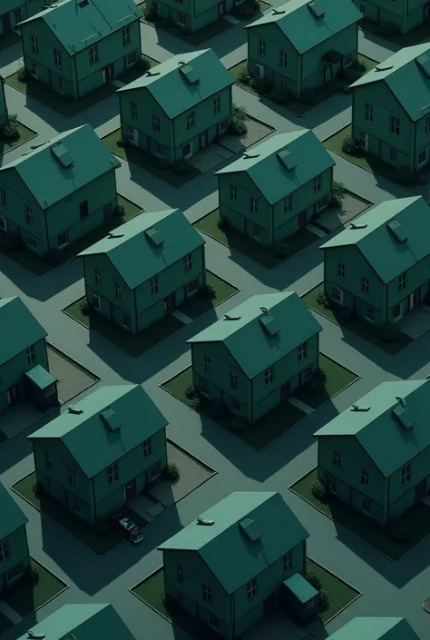 Isometric view of a repetitive pattern of identical suburban houses in dark green and gray tones.  The houses have a simple and uniform design :

 Two stories high
Gable roof
Two windows on each floor
Small entrance porch
Paved entrance
Small front garden ...