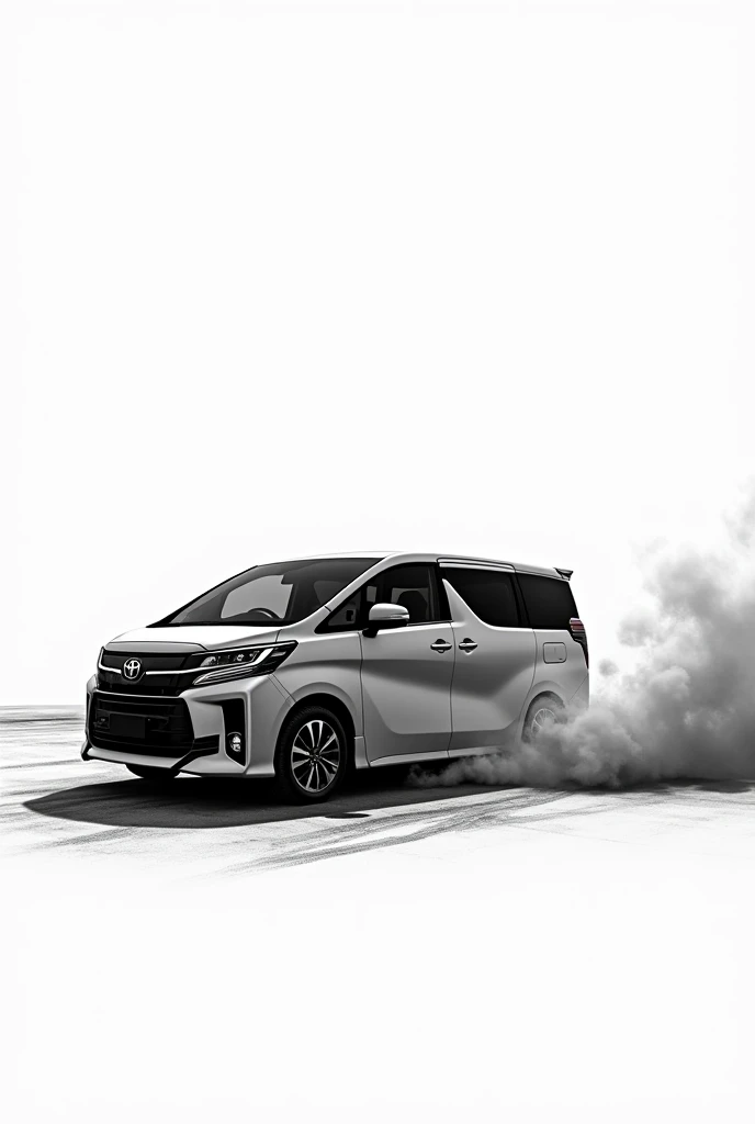 Side view of a toyota noah doing a burnout. Black and white art