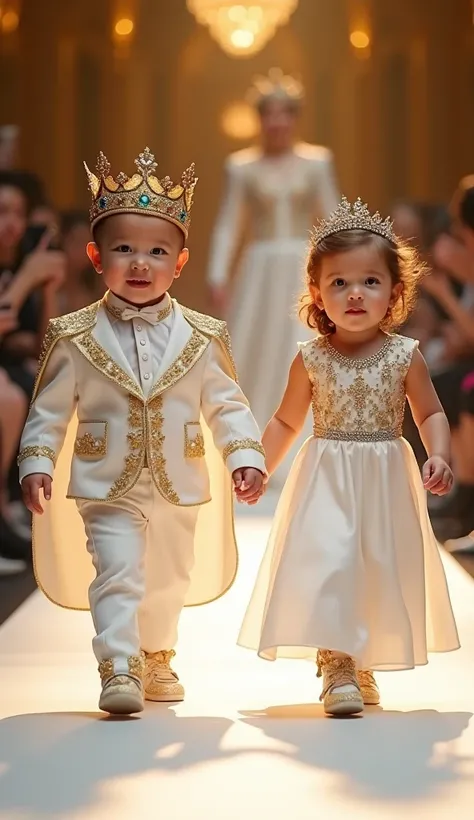 A hyper-realistic photograph of two royal babies walking down a glamorous fashion show runway, dressed in luxurious white and gold attire. The baby boy wears a regal white suit with intricate gold embroidery, a matching royal cape, and a golden crown adorn...