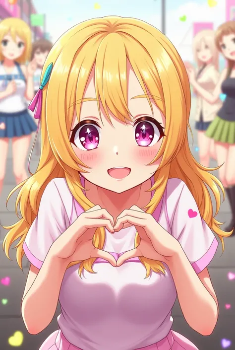 Anime girl with blond hair and pink eyes doing Korean heart pose ,anime moe style , And Love Live Liella Onitsuka Natsumi style