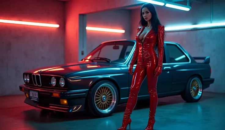 realistic photo , fetish woman standing , huge silicon breasts , wearing shinny pvc jumpsuit , shinny pvc biker jacket , wearing shinny pvc thigh high boots , shinny pvc long gloves , in garage with bmw m3 e30 , inlighted by neons
