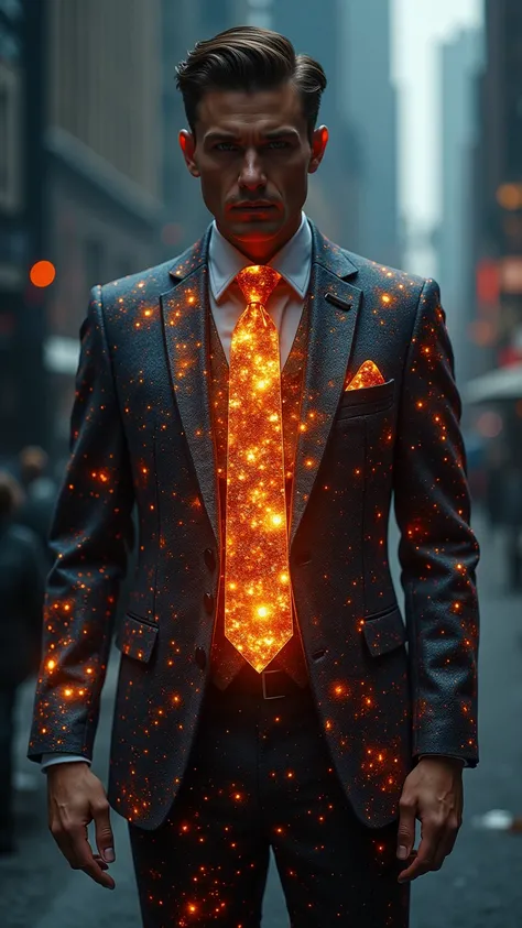 **" Men's suit where the fabric is a  *Living screen *  that displays the universe in real time : black holes,  explosions of supernovae and nebulas .  The tie is a fiery serpent frozen in amber. scenario:  futuristic metropolis with inverted skyscrapers ....