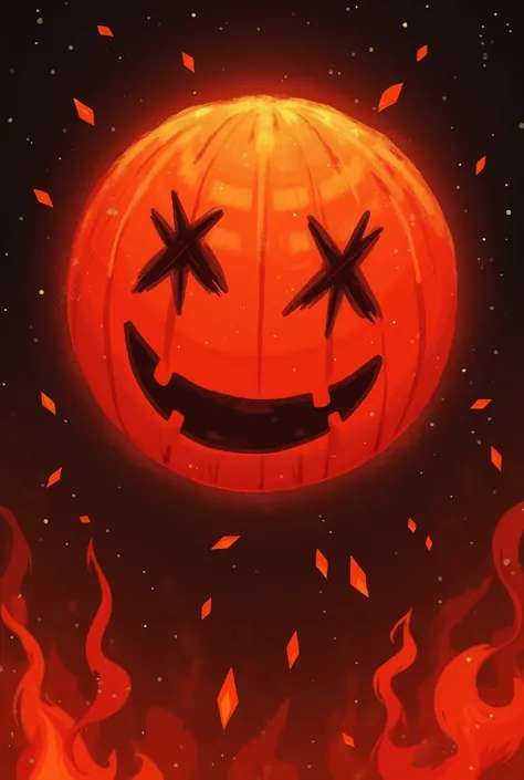 Can you make a picture wich says "SMILE!" And under it theres a Red-orange orb, such has and "X" on Its right eye and a triangle on Its left eye instead of eyes, and its smiling while them, and the background is burning with red flames

