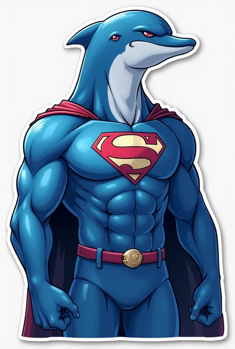 create an anime image for a sticker of a superhero with an indigo blue cape, and his appearance is that of a dolphin man, where half is a man and the other half is a dolphin, and the initials on his clothes are super dolphin

