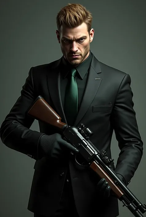 Chris Redfield in a black suit and black shirt with a dark green tie using a 45 caliber shotgun