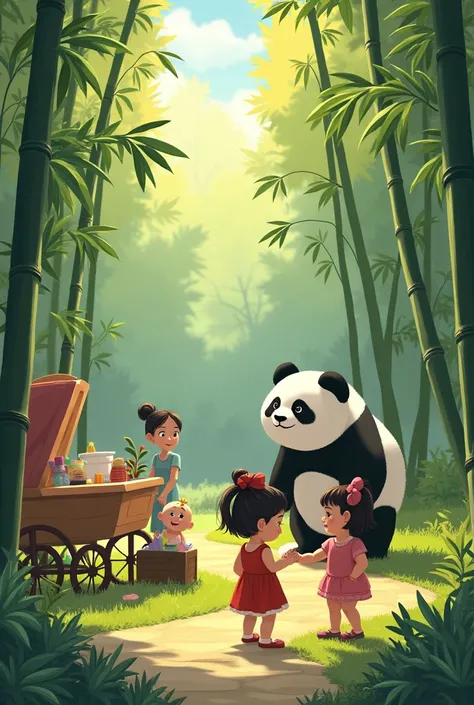 Here are the image prompts for each scene:

Scene 1: Lily's Backyard
- A sunny and serene backyard with a few bamboo stalks and a small garden.
- Lily's mother tending to the garden, with Lily's baby carriage in the background.
- A glimpse of the bamboo fo...