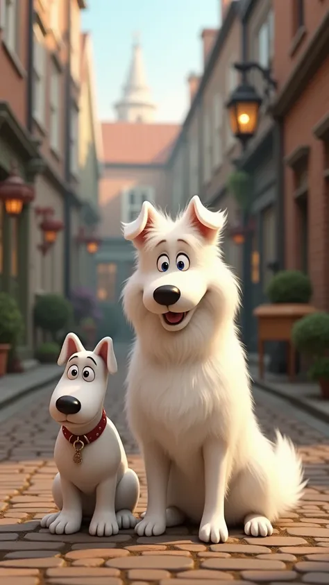 White shiro dog next to wallace and gromit