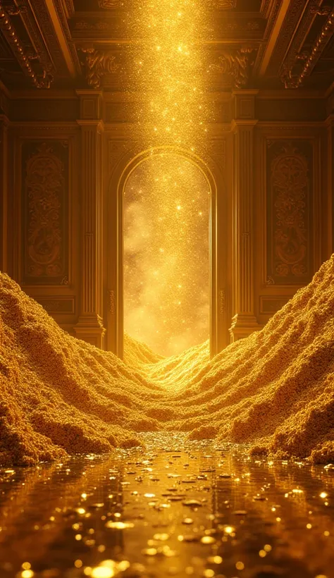 In a magnificent room, gold is pouring out of a doorway. The entire room is filled with gold. The piles of gold are depicted in natural detail, from the color of the room to the details.