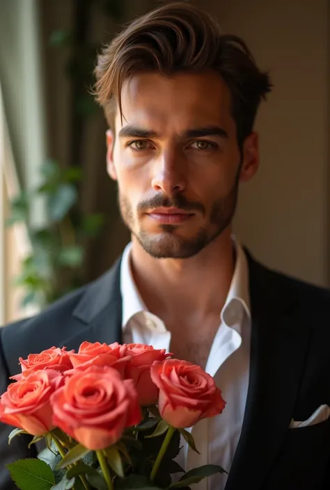 A handsome man holding a bouquet of roses, with a soft, romantic atmosphere. The roses are vibrant and detailed, with petals gently illuminated by warm light. The man has a confident yet gentle expression, dressed in elegant attire. The background is blurr...