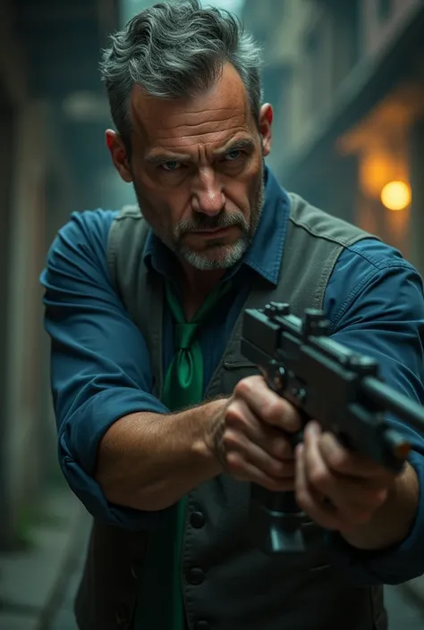 John Price in dark blue shirt with gray vest with green tie shooting a 50-caliber gun