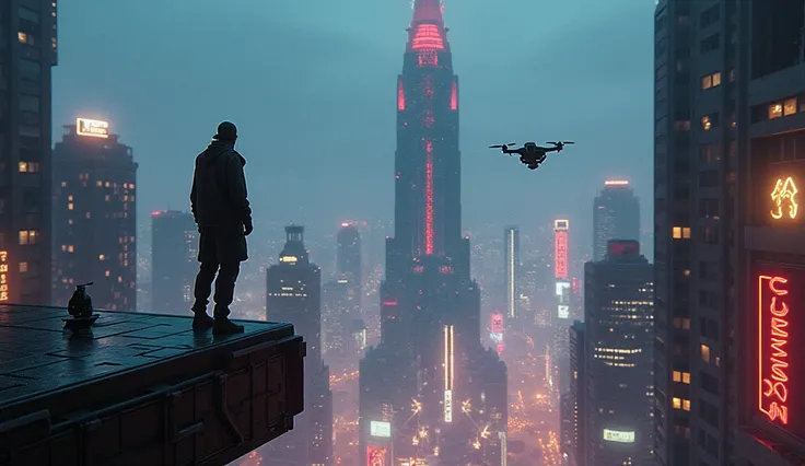 A towering skyscraper with a human silhouette standing on the edge, looking down at a cyberpunk-inspired city. People in the streets have visible bionic implants, and flying drones illuminate the neon-lit metropolis.