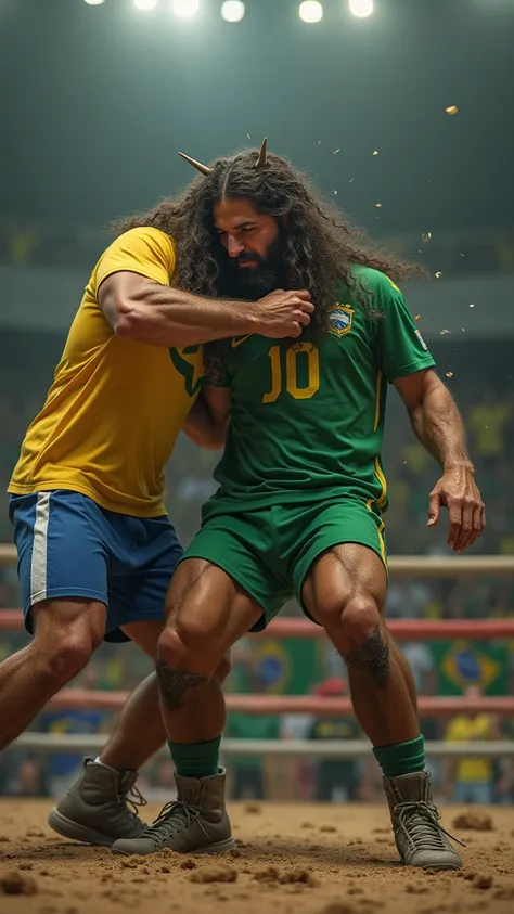 A realistic image of Jesus in a ring: he is wearing a Brazilian uniform and he is fighting against a horned opponent..