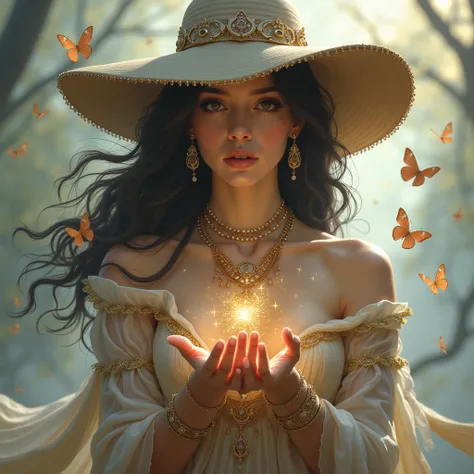 Brunette woman with jewelry with a hat spells Yuna with butterflies 