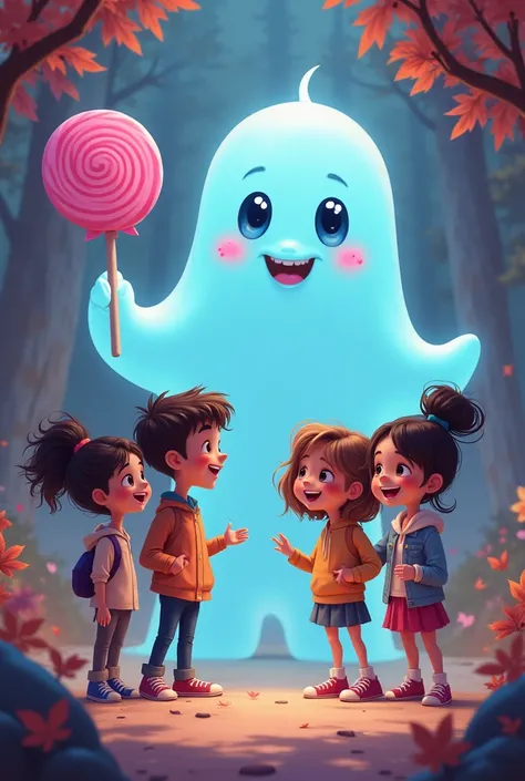 The Friends and the Ghostly Owner
Image prompt: The four friends standing next to the ghostly owner, who's holding a giant lollipop. They're all smiling and having a great time together