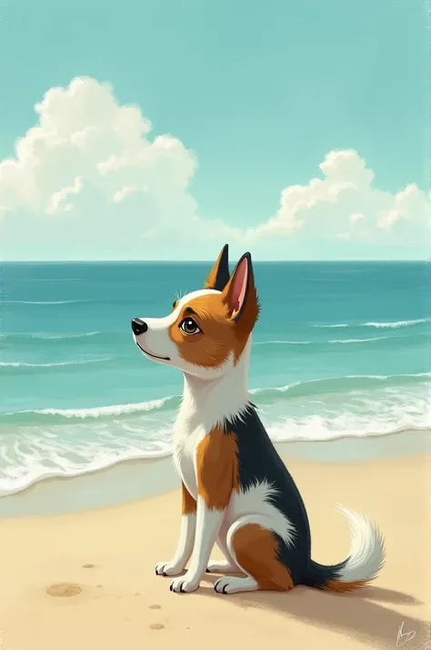  Little dog of different mixed breeds  ( 3 white , 5 black ,  4 mustards ,  2 with various colors )  looking at the horizon of the beach super sad,  seen from side ,  a little with a crooked head 