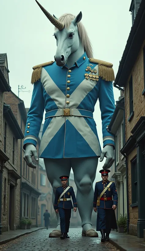 create a cinematic close view street and a Giant man walking in Scotland Flag Army uniform with face of Unicorn instead of human and a human walking before of that giant closely also in Scotland Flag Army Uniform