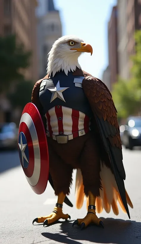 A sunny Washington, D.C. street. The hybrid has Captain America’s shield and star emblem, combined with the wings and talons of an eagle. Its feathers gleam like steel as it stands tall, ready to defend.