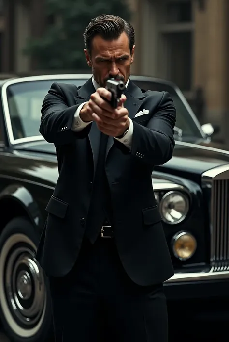 Handsome mobster shooting his gun since the sale of expensive black car 