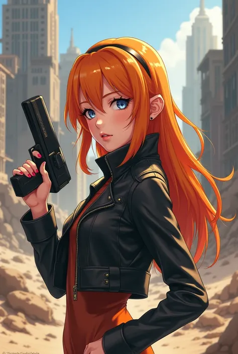  high quality, High definition,  Animation ,  anime character,  high quality 배경, deserted city background,  orange hair , ray gun , pretty eyes, leather jacket, gloss,  spacecraft