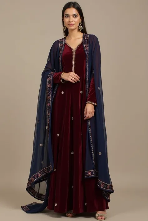 
### **Design 1: Velvet Anarkali with Embroidered Cape**  
**Description**:  
- A floor-length **burgundy velvet Anarkali** with full sleeves and subtle gold *gota patti* embroidery along the neckline and cuffs.  
- Paired with a **detachable embroidered c...