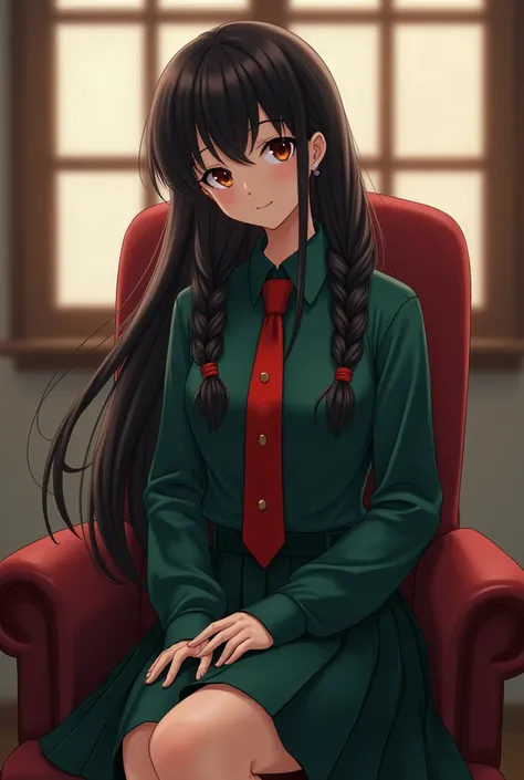 That she is a girl has a long sleeve shirt with buttons and on the shoulders she has dark green and a dark green skirt and has a red tie and has long black hair AND red highlights and two small braids and the rest of the hair and that she is sitting in a c...