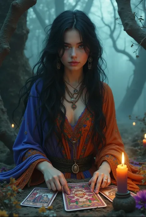  Make a beautiful gypsy woman with long hair and dark eyes light skin reading tarot. In a very mystical place  