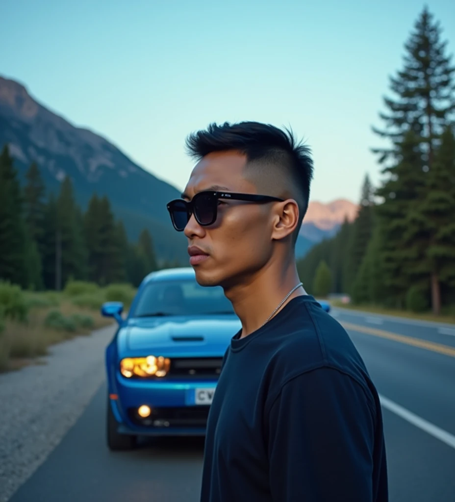 Short under crew cut hairstyle Asian man  50 years, sunglasses, looking t viewer, one with a blue lambrogini car, black street , pine trees, and mountains on the background,  blue sky morning sunrise, blue atmosphere