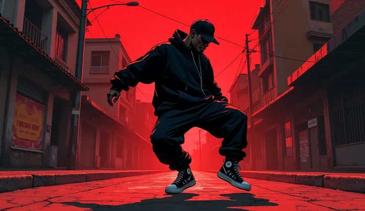 Red and black ink illustration of a Bogota white rapper, black sweatshirt with baseball cap, high-top Adidas sneakers, dancing hip hop on a gloomy night street. Super resolution, super quality, volumetric lights, three-dimensional shadows.