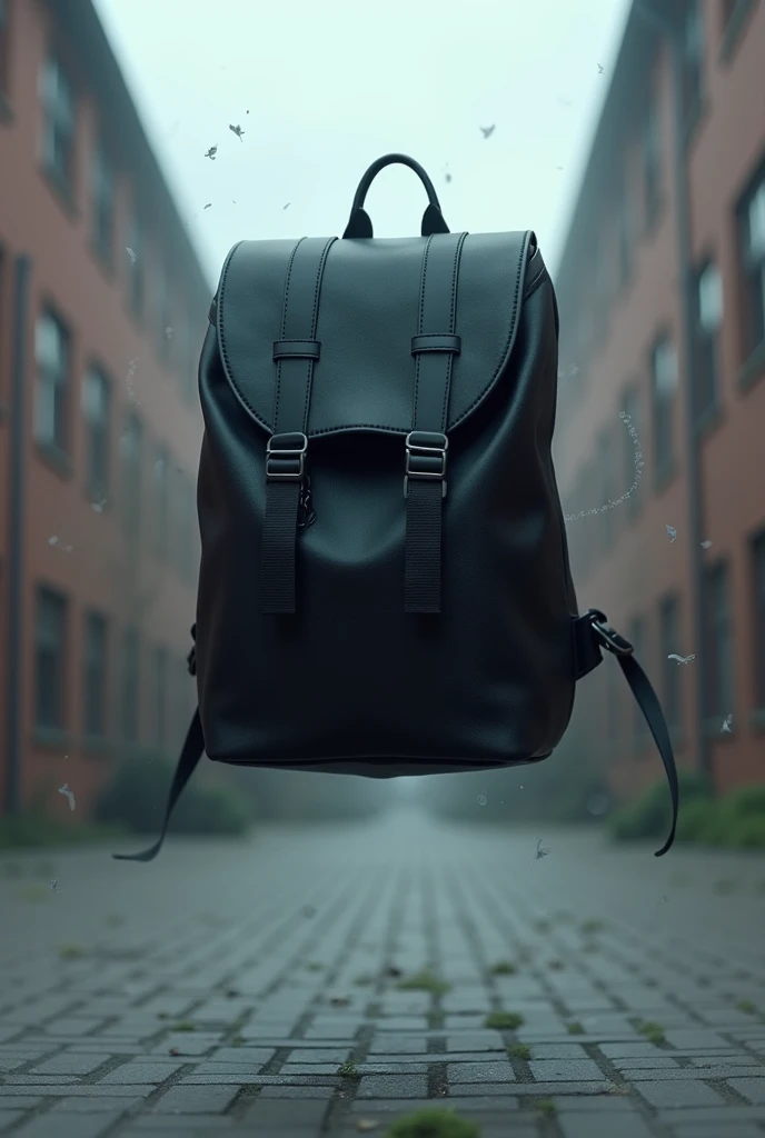 Generate a black backpack that seems to have a life of its own floating in the air, From a school 