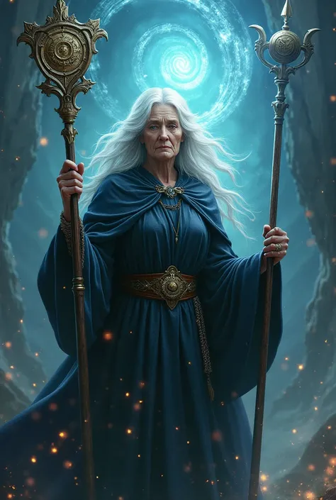 With white hair and a staff in her hand 