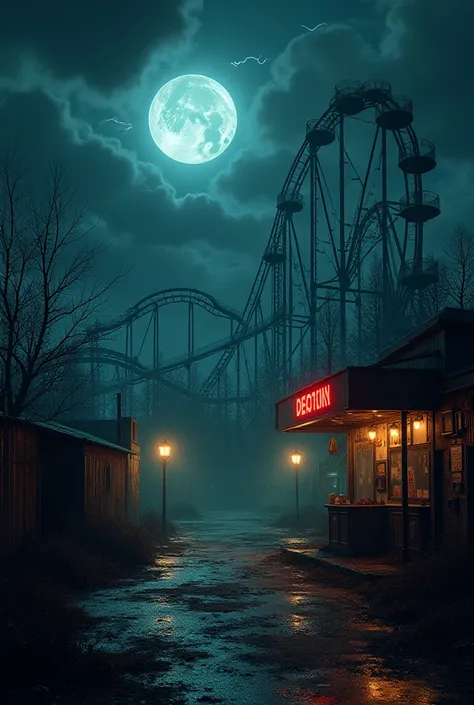 Scene 1: The Abandoned Amusement Park
Image prompt: A dark and stormy night. An abandoned amusement park in the background with creepy rollercoasters and rickety game stalls.