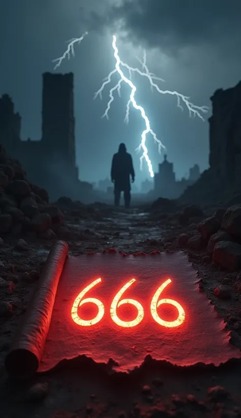 " A dark and symbolic image that represents the number 666 as an icon of mystery and fear .  in the background ,  a shadowy figure observes from a distance ,  while the number 666 shines in a fiery red shade on an ancient scroll .  Lightning illuminates an...