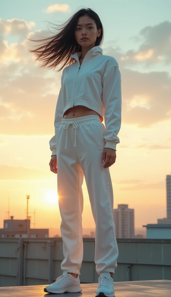 a girl is standing on the roof in a white tracksuit,  sneakers, black hair develops, Dawn, muscles,  high resolution,  inflated press,  full height