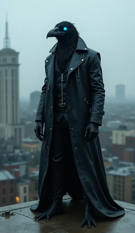 A humanoid raven with sleek black feathers and glowing blue eyes, standing on a rooftop, wearing a long leather coat, moody lighting, hyperrealistic textures, cyberpunk aesthetic --ar 9:16