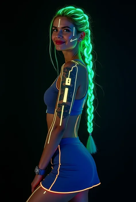 Ukrainian Russian woman, Full body futuristic standing image in cyberpunk style of a beautiful blonde white Russian woman with phosphorescent neon green braided hair and blue sporty miniskirt with futuristic accessories, highly detailed light blue eyes, pe...