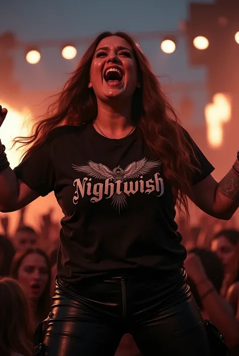 heavy woman, with Nightwish t-shirt, leather pants,  biker boots ,  brown hair, yelling, happy, in concert,  image, 4k, nice breasts, homemade wide . 