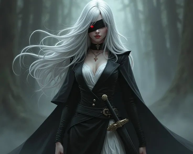  A woman with long white and silver hair, wears a black and white outfit underneath , Has a sword at her waist, a part of the blindfolded eye,  has red eyes     