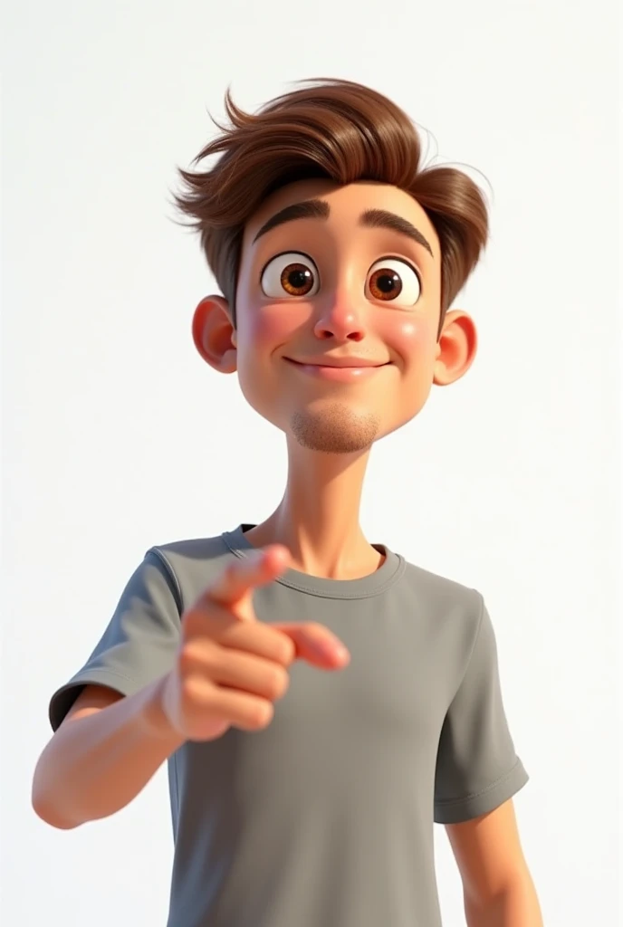  3D poster inspired by Disney Pixar man 27 years old light brown hair slightly big eyes without a beard , Skinny oval face brown white background him pointing at the customer 