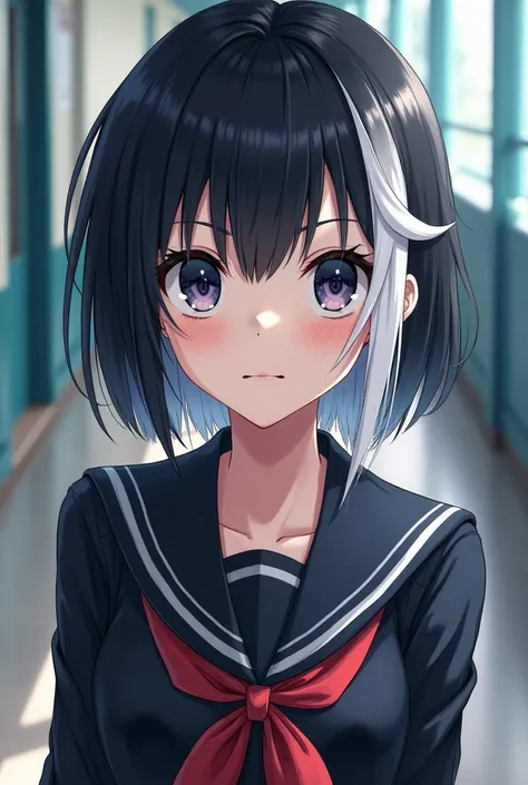 Girl with pale skin and black eyes with short black hair with white locks and the uniform of Boku No Hero