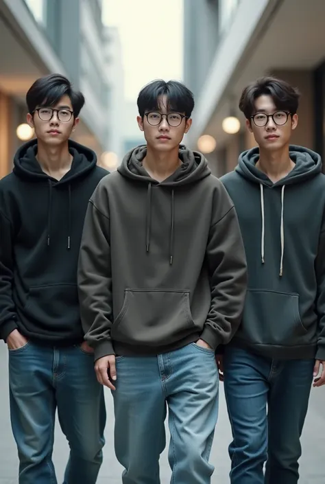 Young korean men with glasses. He wear hoodie and baggy jeans