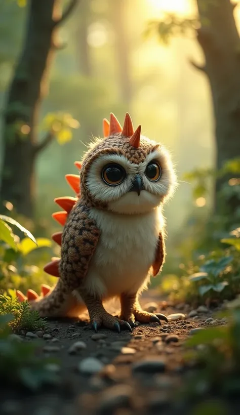 A MINI OWL DRESSED AS A CUTE DINOSAUR    ,  IN THE BACKGROUND A FOREST PHOTO 8K 