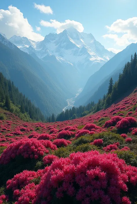 Drone shot of red and white rhododendron forest with mountains in backdrop