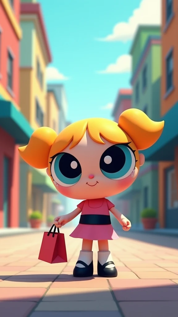 little flower (from super powerpuff girls, alone, holding a shopping bag