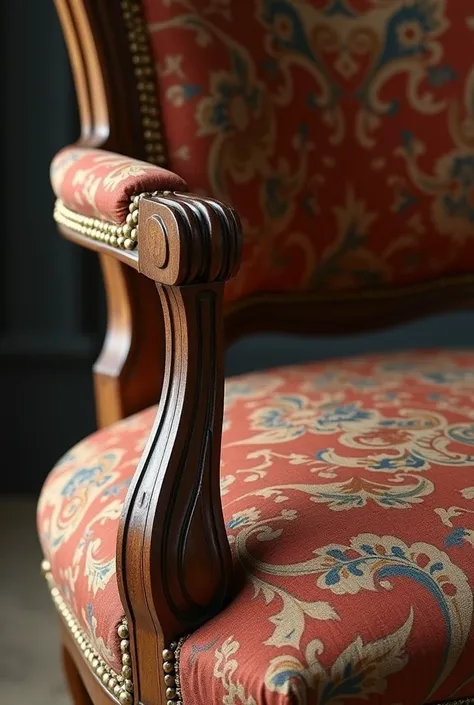 a close up of a chair with a patterned upholstered seat, an ultrafine detailed painting inspired by Jean-François de Troy, pinterest, arabesque, features intricate detail, side view intricate details, stunning and rich detail, wood carved chair, intricate ...