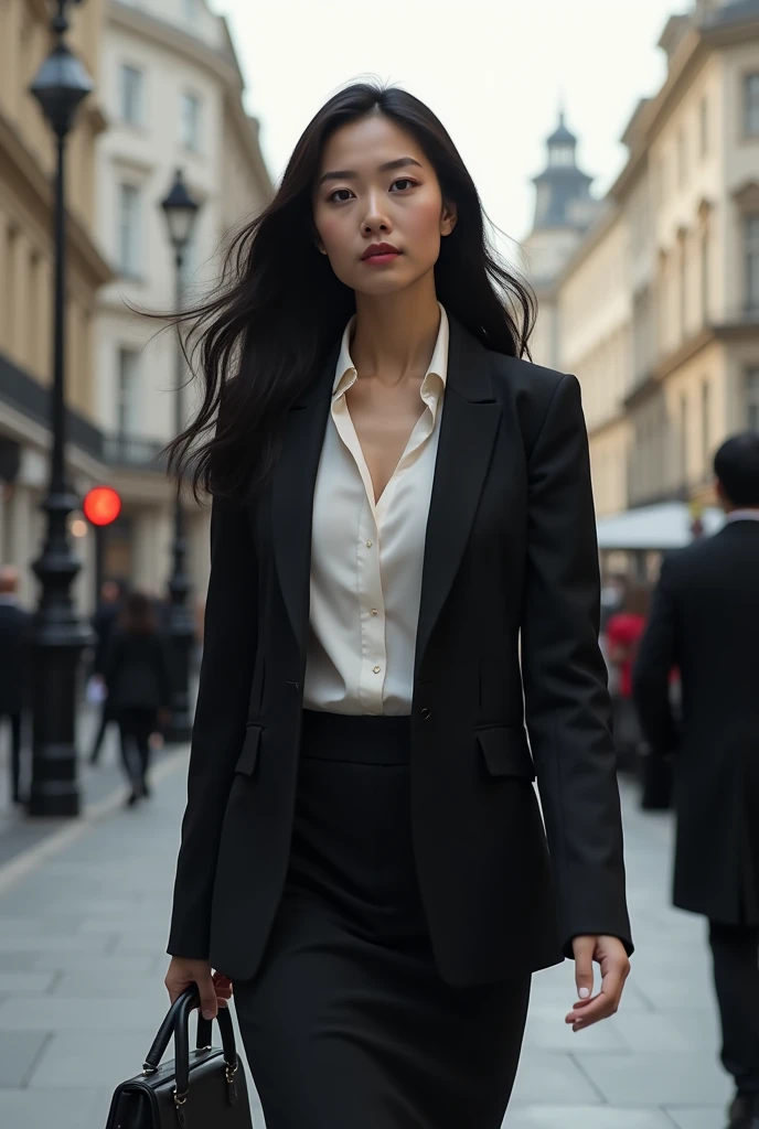 Hyper realistic Asian woman with long hair in dress clothes walking in London 